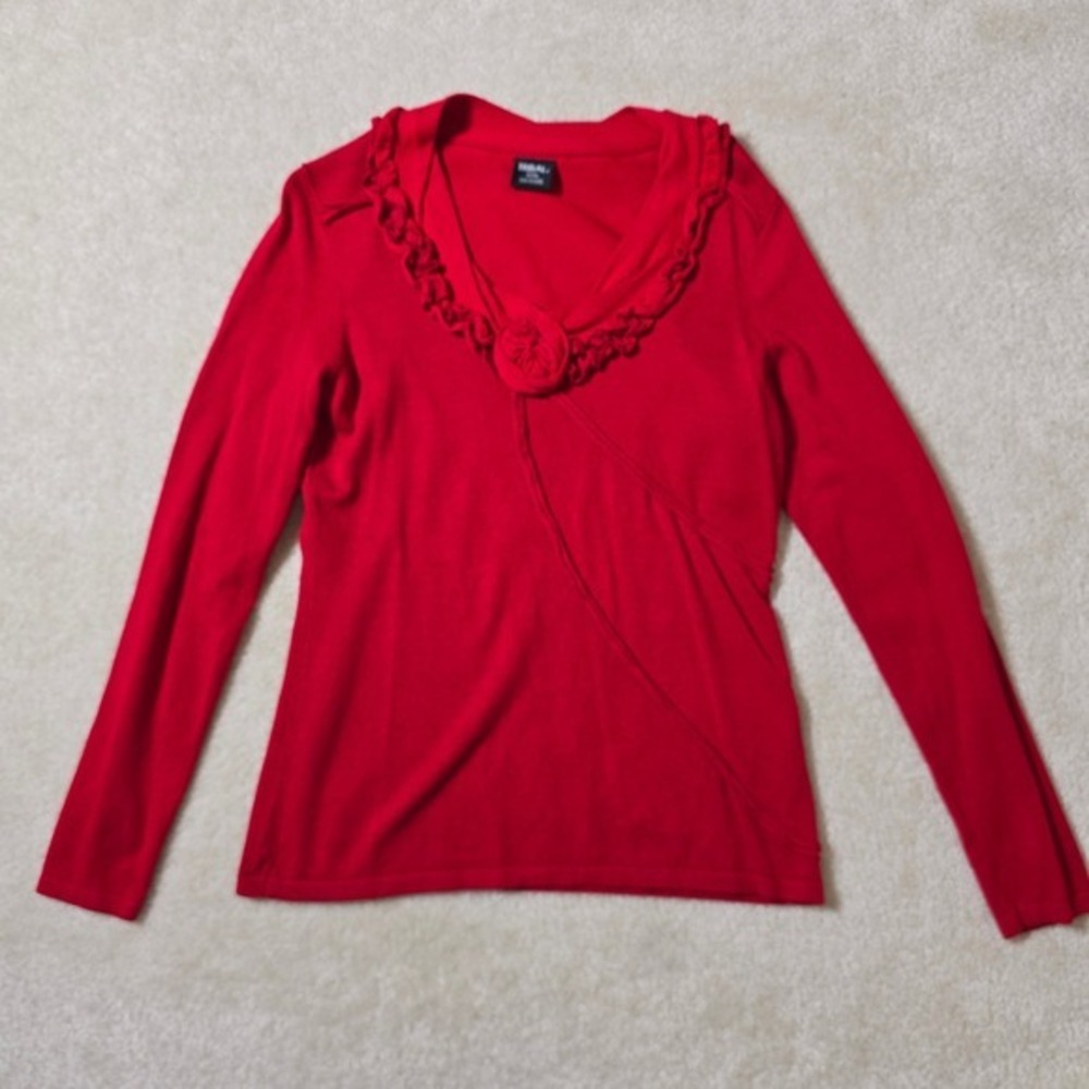 Tribal Long Sleeve Ruffle Trim V-Neck Sweater‎ – Red – Size M - Picture 3 of 6